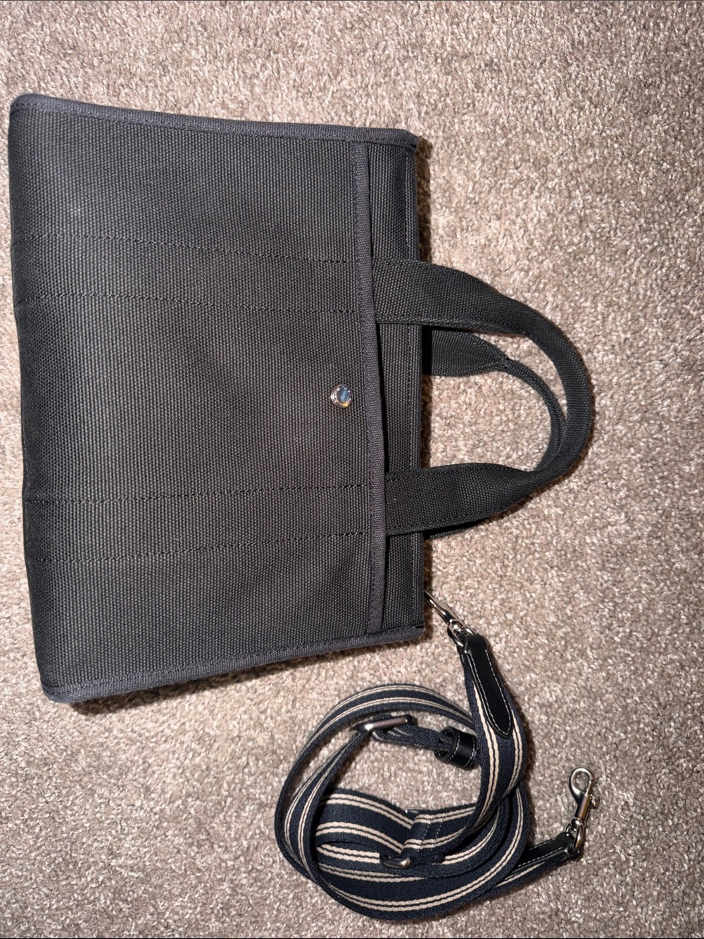 Coach Black Canvas Tote with Cream Logo and Striped Strap - Picture 4 of 6